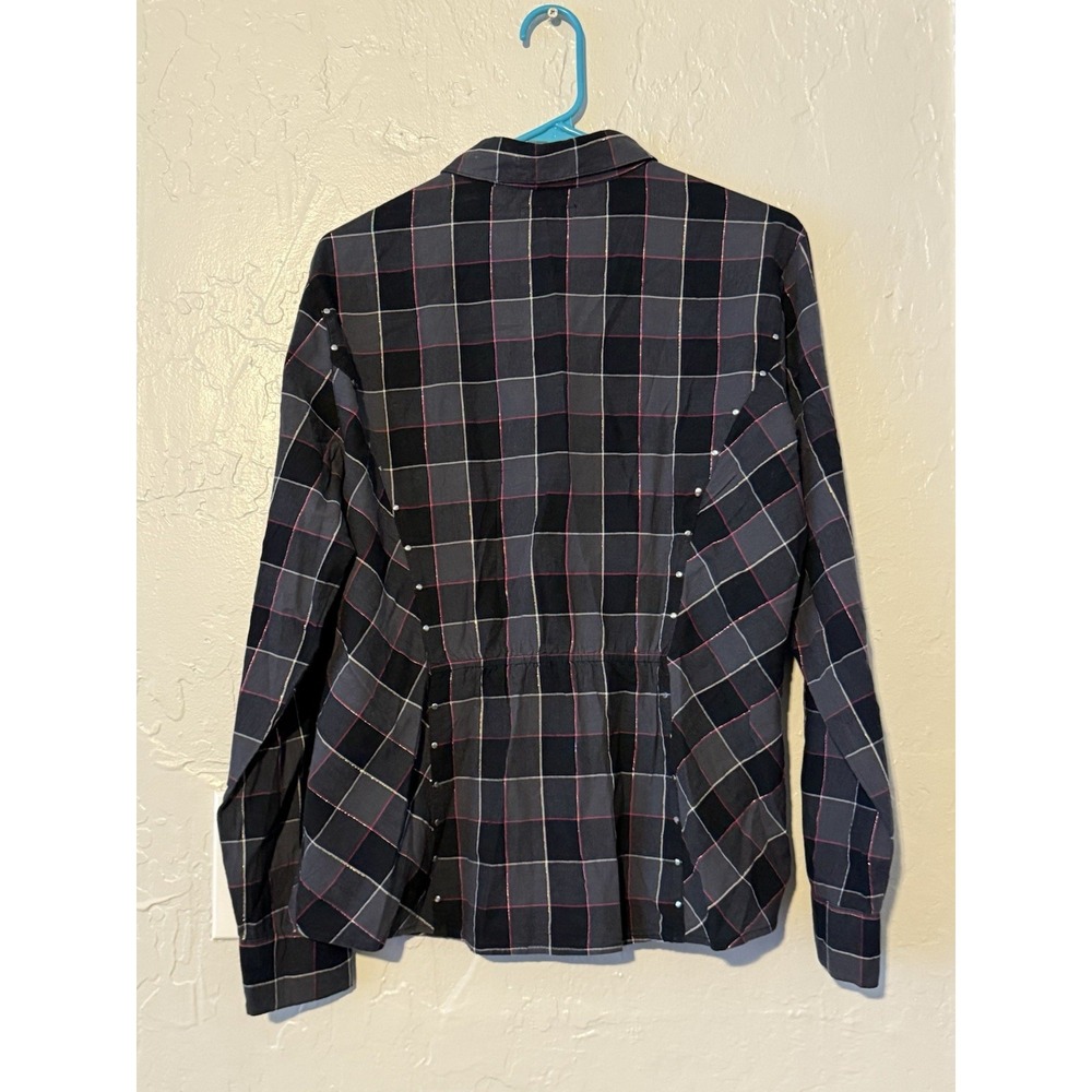 Vintage Y2K AdiktD AD Black Snap Silver Rivet Plaid Cowgirl Rockabilly Shirt XL